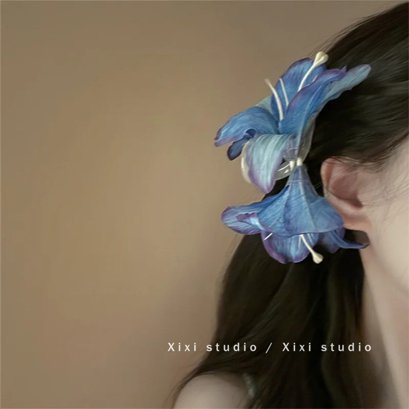 Blue lily flower clipper, new Chinese-style hairpin, hair accessory, updo, hair flower, side hair clip, hair accessory for women details Picture