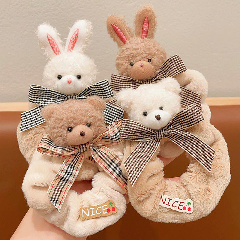 Children's bear cartoon hair band, autumn and winter girls' high-elasticity ponytail headwear, little girls' bun hair band hair accessory full figure