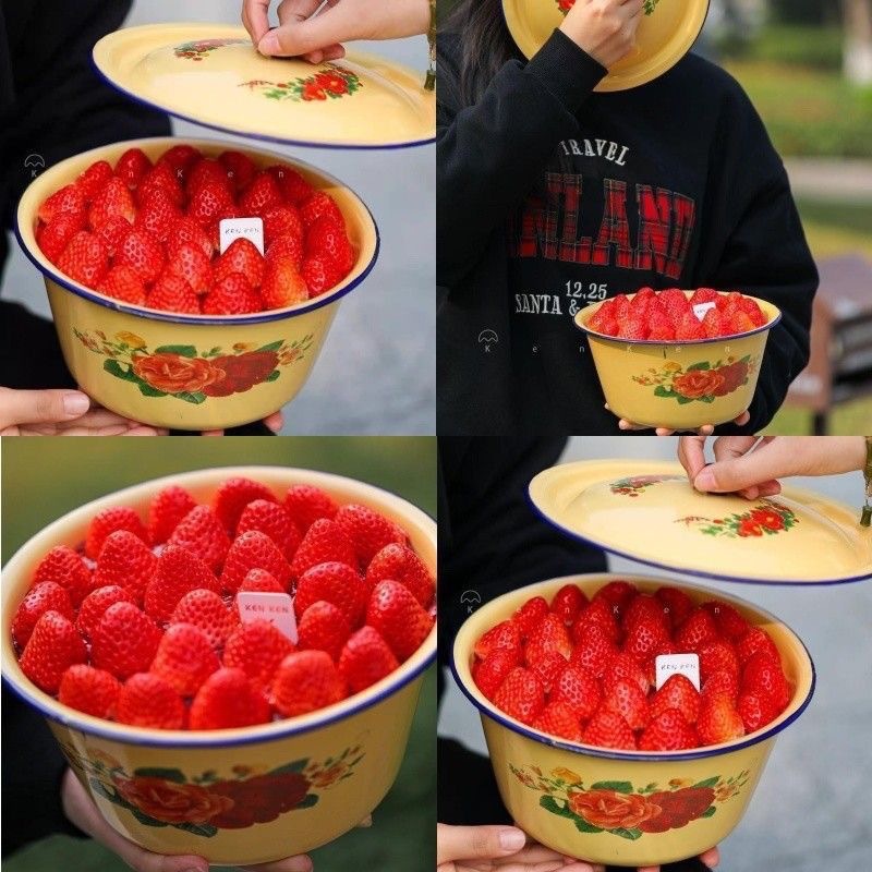 Enamel cake basin, enamel lard jar and noodle basin, enamel lid basin, bowl basin, yellow basin with lid, soup basin, the same style as the Internet celebrities full figure