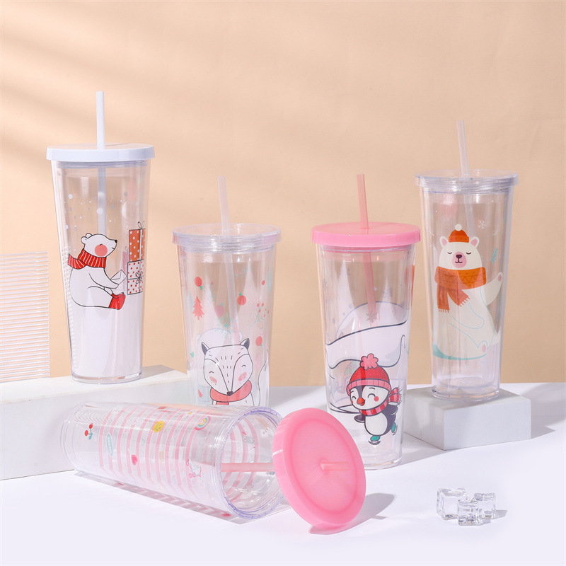Cross-border exclusive cartoon straw cup, large-capacity double-layer insulated drinking cup, cute animal print covered water cup full figure