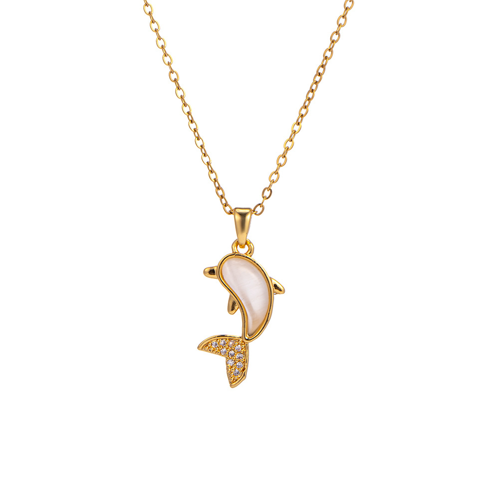 Korean-style simple and individual cat's eye stone dolphin necklace, a cute and unique female niche, popular online collarbone chain and versatile accessory Item Picture