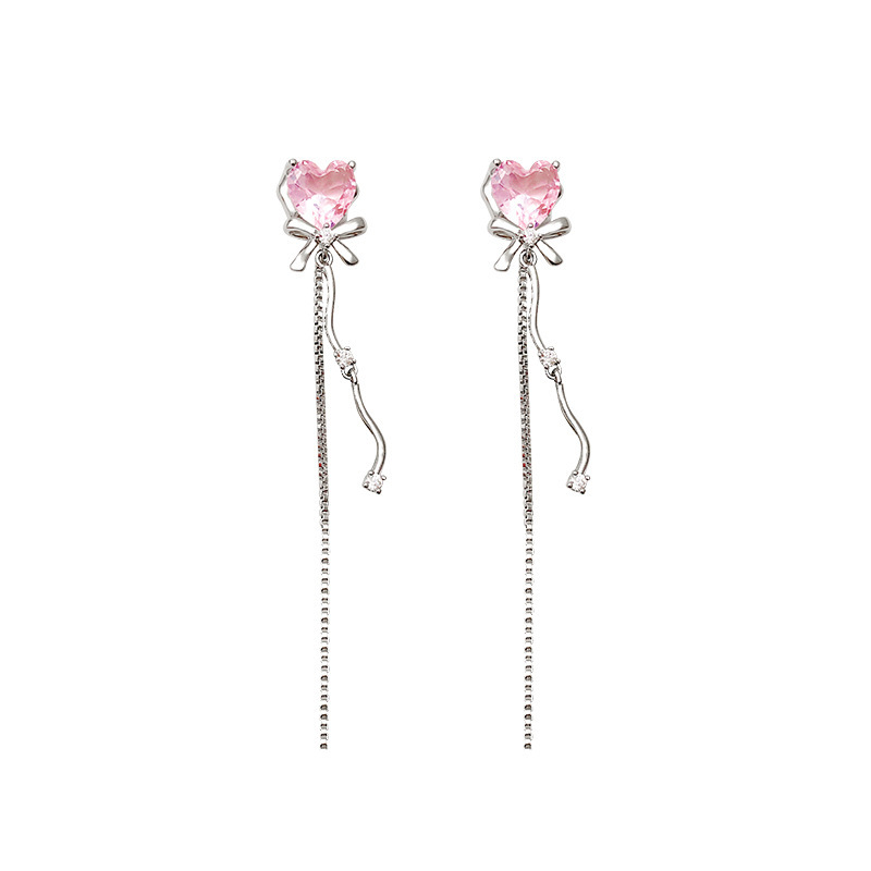 S925 Silver Needle Sweet pink heart-shaped bow Earrings, Super fairy-like, versatile and popular long tassel earrings wholesale Item Picture