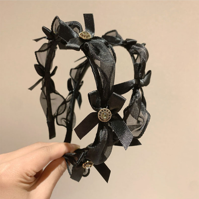 Black bow headband, lace, light luxury and elegant headband, hairpin, diamond-encrusted hair accessory, Japanese and Korean Internet celebrity style headwear for women full figure