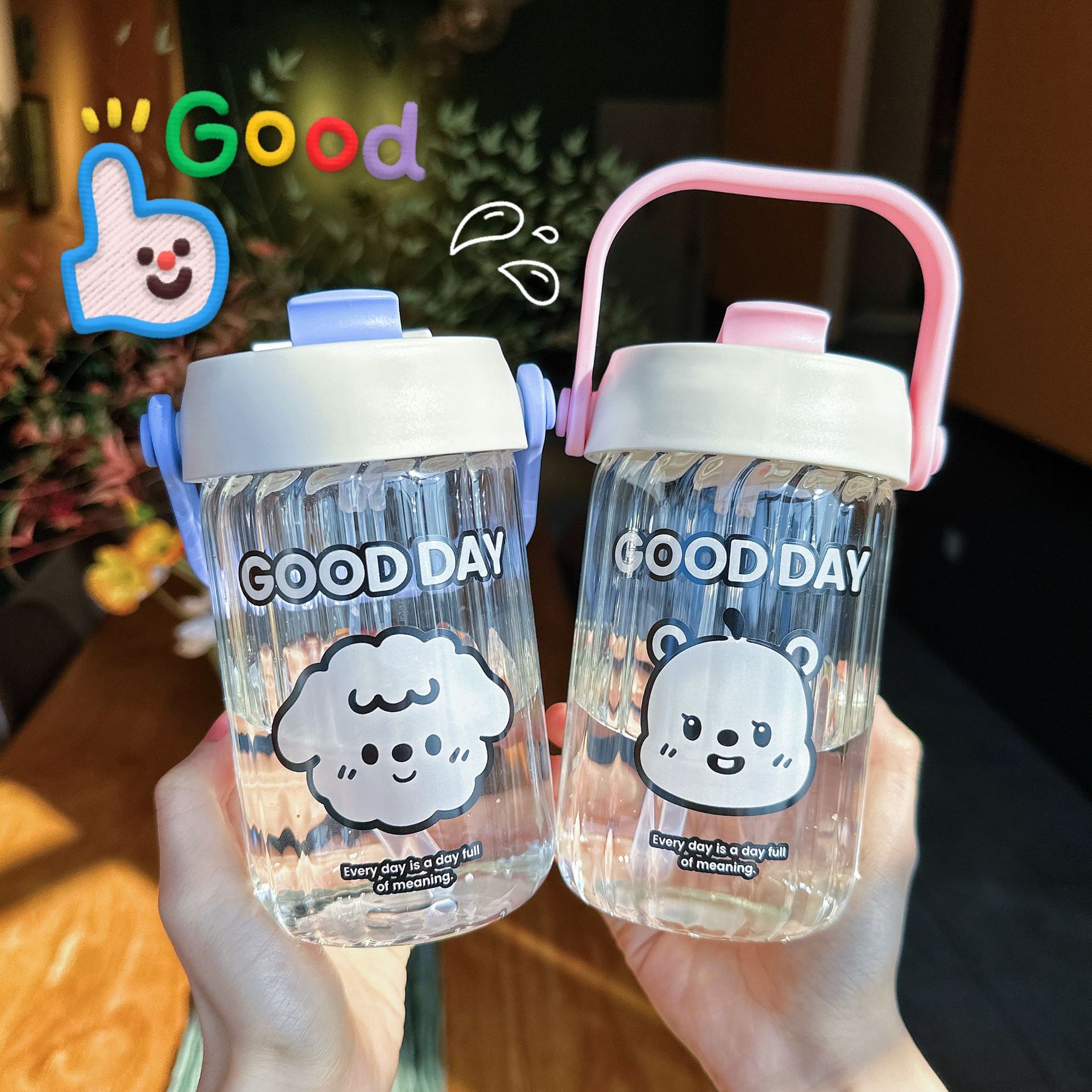 Cute cartoon glass cup, vertical pattern cartoon student double-drinking straw cup, portable hand-held girls' gift water cup, new style full figure
