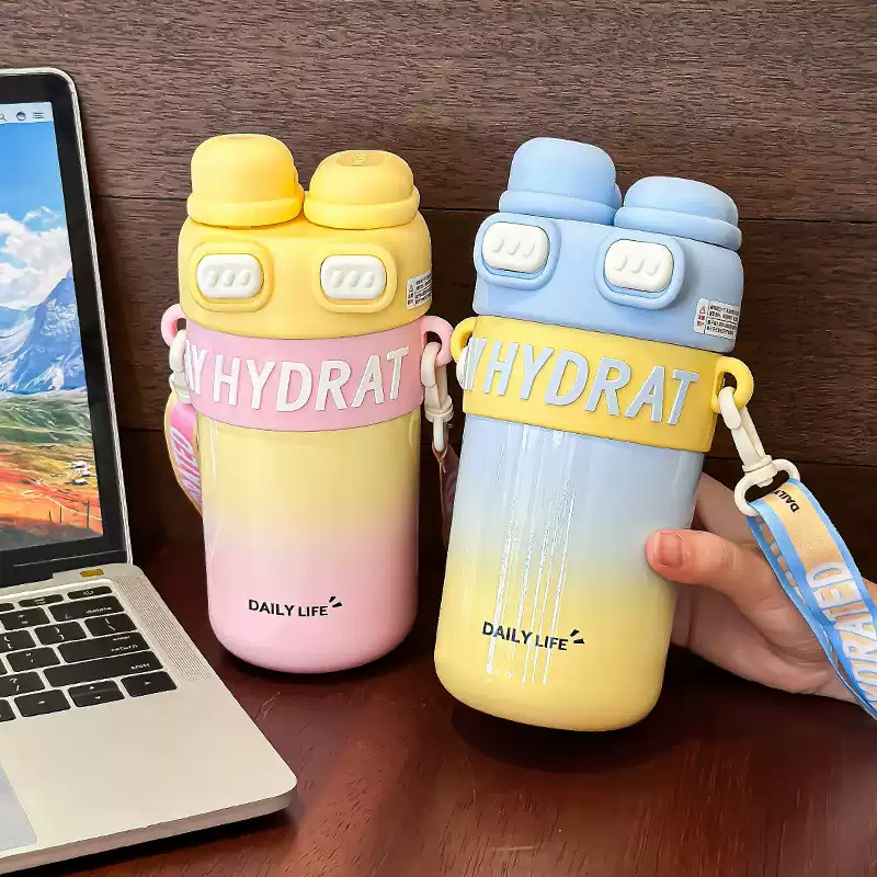 Double-drink simple couple thermos cup with gradient color and high appearance level, student water cup, portable new girls' shoulder strap cup Specification drawing