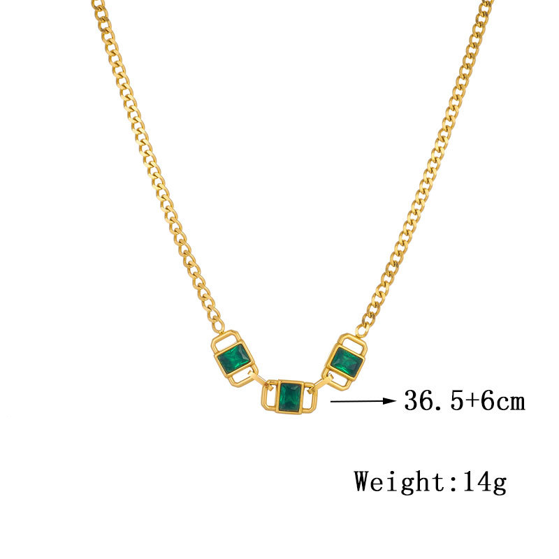 A European and American fashionable, retro and simple square necklace with emerald rhinestones and titanium steel chain connection Item Picture