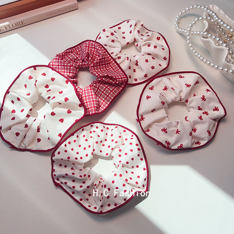 Ankola Red sweet beauty checkered polka dot Large Intestine Hair band for Women Spring and Summer, Bun hair rope, ponytail leather band accessory details Picture