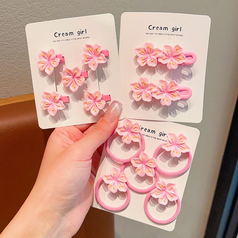 Pink cherry blossom clips, children's hair clips, rubber bands, wavy edge clips, little girl hair bands, hair ties, hair clips, no damage to hair, headwear details Picture