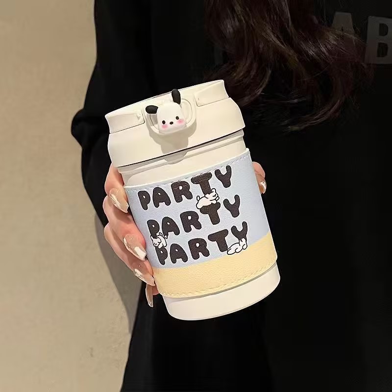 Cute little dog bouncing, thermos cup, water cup, cartoon and cute, portable silicone straw cup for girls, high appearance level coffee cup Specification drawing