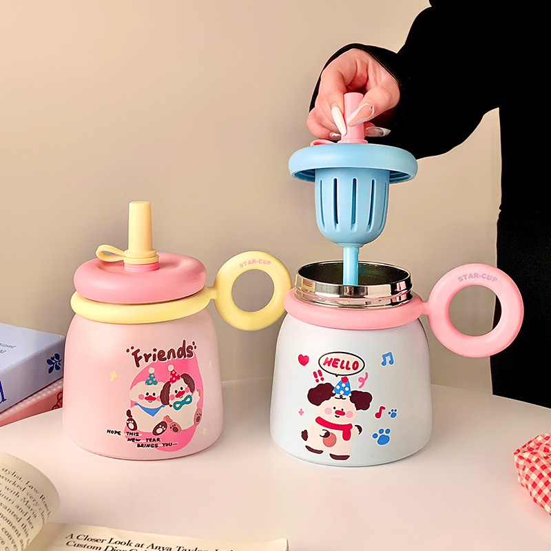 Cute red-nosed puppy desktop water cup, stainless steel coffee cup with straw, portable tea brewing cup, girls' insulated cup gift full figure