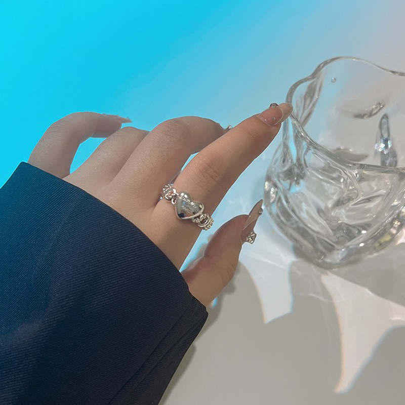 Cold style heart-shaped plain ring square zircon open ring for women's Instagram niche design simple and individual style ring Specification drawing
