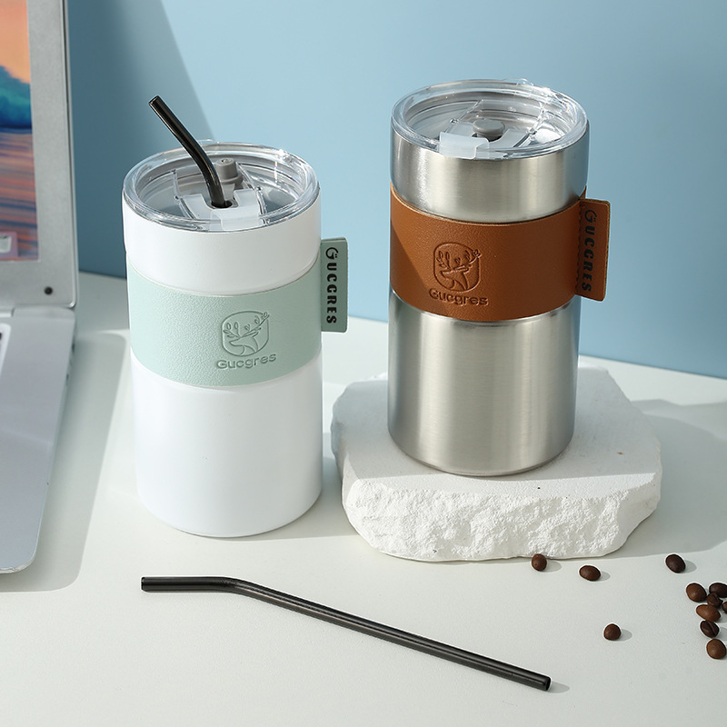 Best-selling cross-border double-layer stainless steel cup milk tea, large-capacity portable coffee cup with high appearance level, creative straw insulated cup details Picture