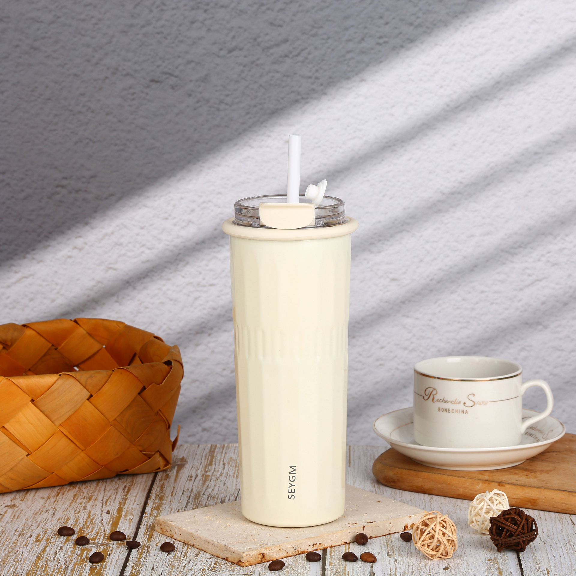 New double-drink coffee cup, large-capacity 304 stainless steel convenient straw insulated cup, high appearance level business gift cup details Picture