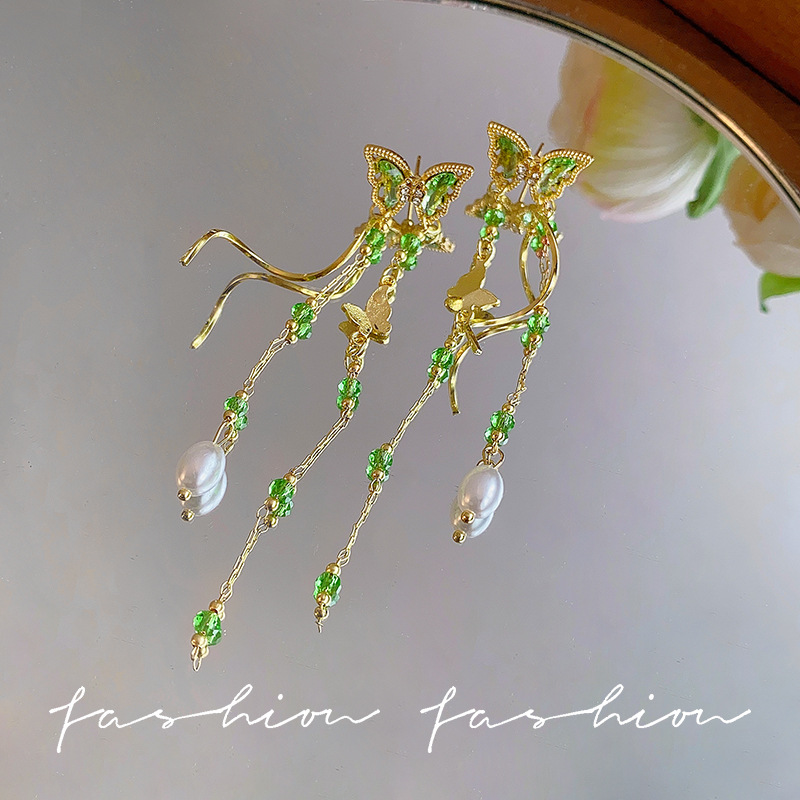 Forest-themed dynamic green butterfly earrings for women, French high-end style, long and face-enhancing small tassel earrings, trendy earrings Specification drawing