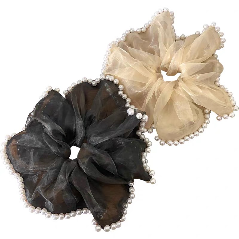 French Hepburn style pearl flower hair bands, high-end mesh large intestine hair ties, adult women tied in ponytails, popular hair ties and hair accessories Item Picture