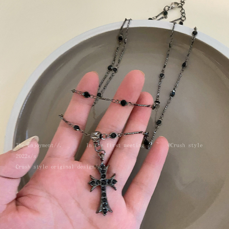 Dark Zircon cross beaded necklace, a long double-layered neckchain for women's fashion, a versatile collarbone chain accessory details Picture