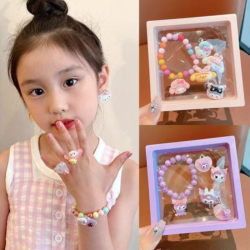 Children's cute bracelet, little girl ring 2025 New style baby girl cartoon ear clip, girls' jewelry set wholesale full figure