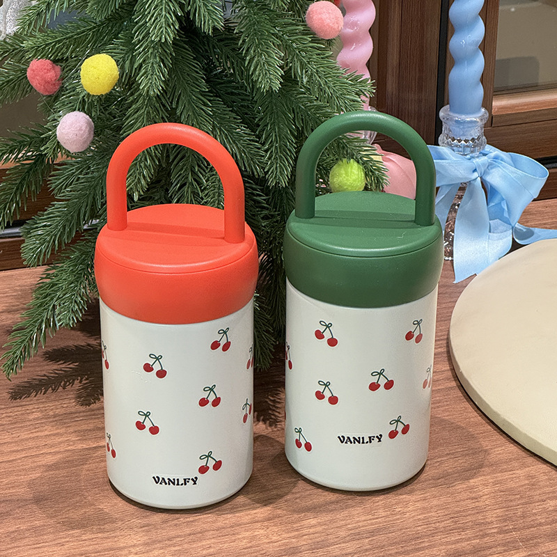 New handle cup, cold and heat preservation cup, ins heat preservation cup with handle, cute stainless steel, Japanese cherry style full figure