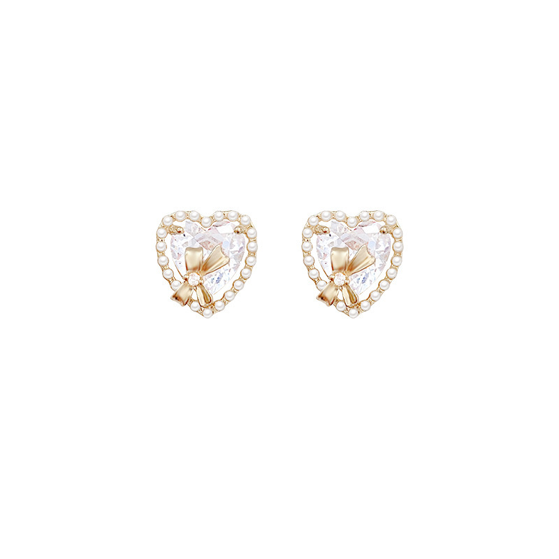Diamond-encrusted zircon heart-shaped stud earrings for women, light luxury style, bow earrings, fashionable design sense, heart-shaped pearl earrings, trendy Item Picture
