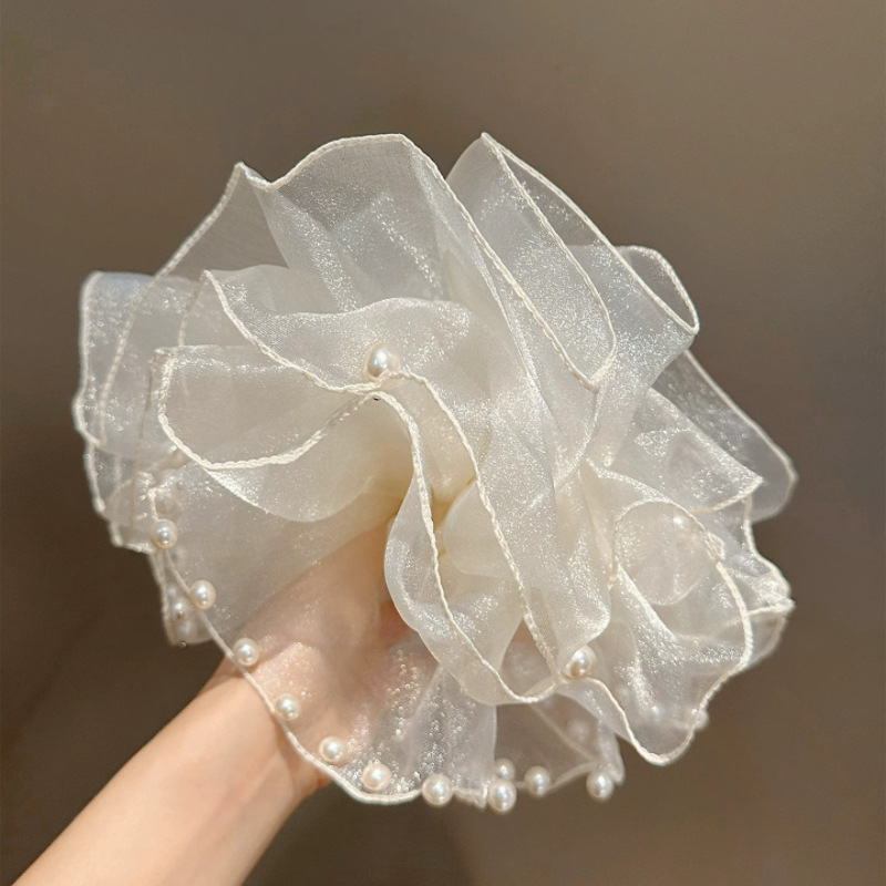 Moonlight Ripples ~ Pearl Mesh Large Intestine Hair band for Women, French high-end style, versatile gentle hair tie, Oversized headwear details Picture