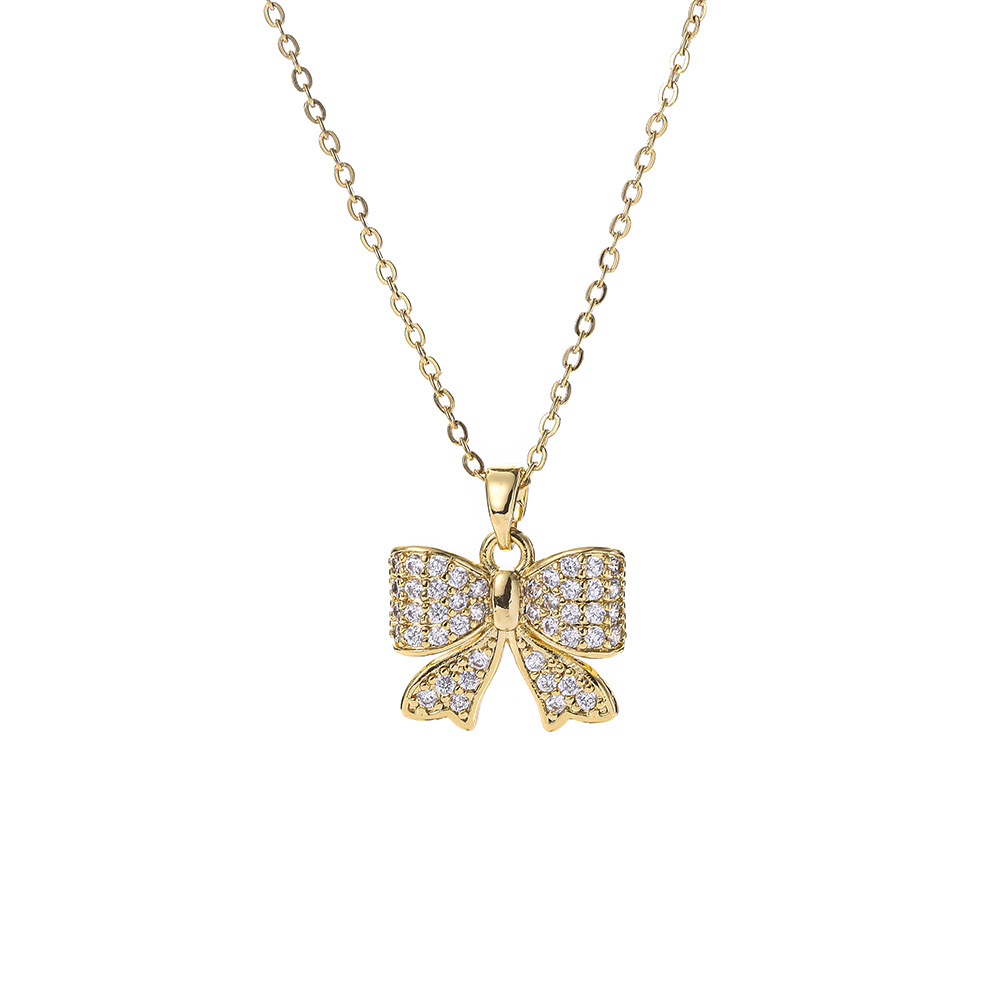 Fashionable and light luxury golden bow titanium steel necklace, women's Instagram trendy collarbone pendant, versatile and elegant accessories wholesale Item Picture