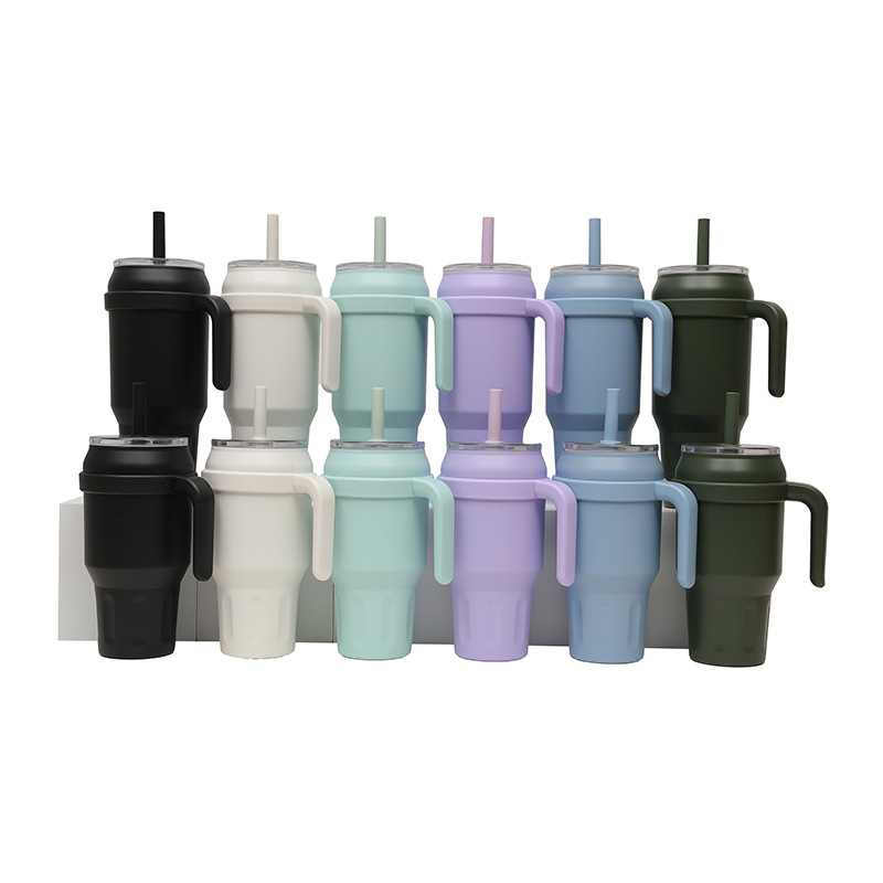 New cross-border vacuum 304 stainless steel insulated cup with handle, portable car cup, giant straw cup Item Picture
