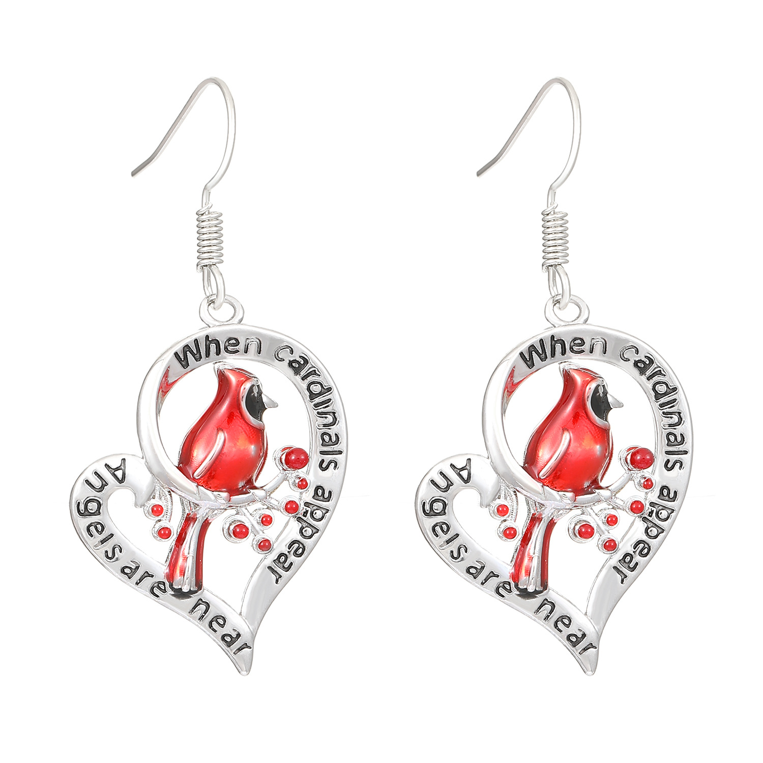 European and American cross-border personalized Redbird heart-shaped earrings and rings set, women's fashion jewelry three-piece set, Amazon temu Item Picture