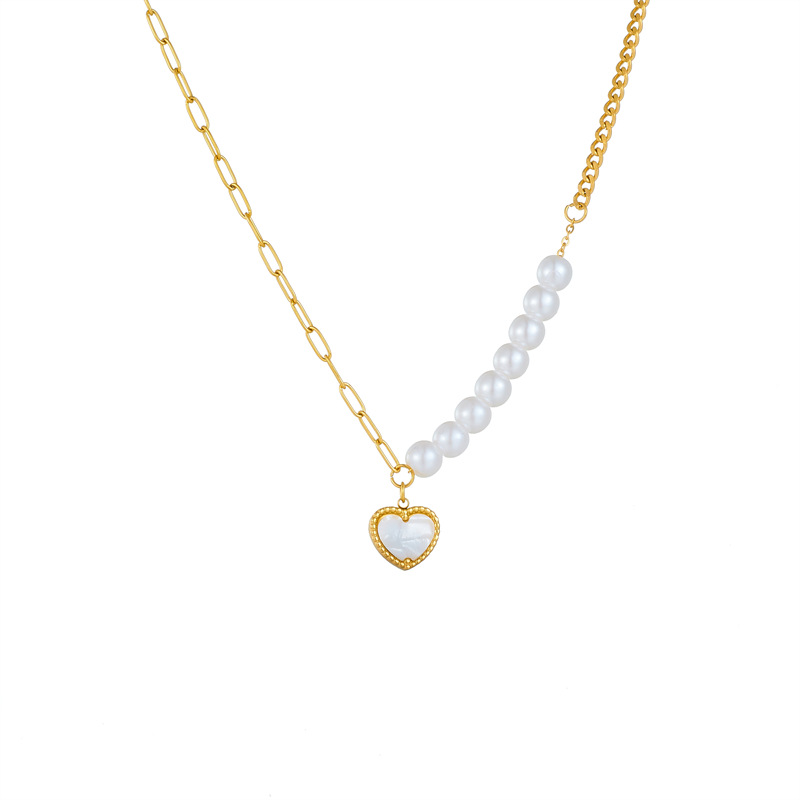 European and American fashionable retro design pearl chain titanium steel gold-plated shell heart pendant accessory necklace Item Picture
