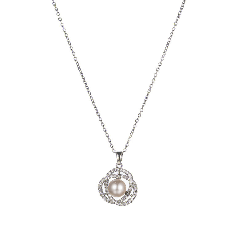 Korean style zircon pearl necklace, women's camellia full diamond collarbone chain, titanium steel high-end accessory Item Picture