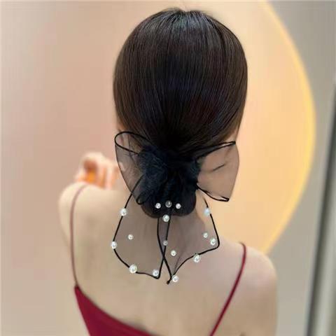 The net pearl pearl bow hair tie is simple and elegant. The ponytail hair tie and the ribbon hair band are high-end head accessories details Picture
