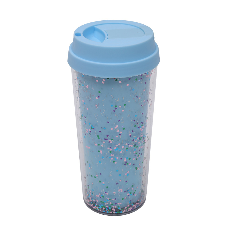 New cross-border factory direct supply 16oz coffee cup, high appearance level double-layer plastic water cup, sequined Star Bar cup Item Picture