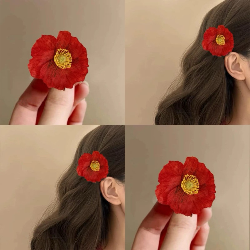 The flowers are in full bloom in midsummer ~ Realistic poppy flower hair clip side clip photo hair accessory super fairy-like hair flower hair clip summer new style full figure