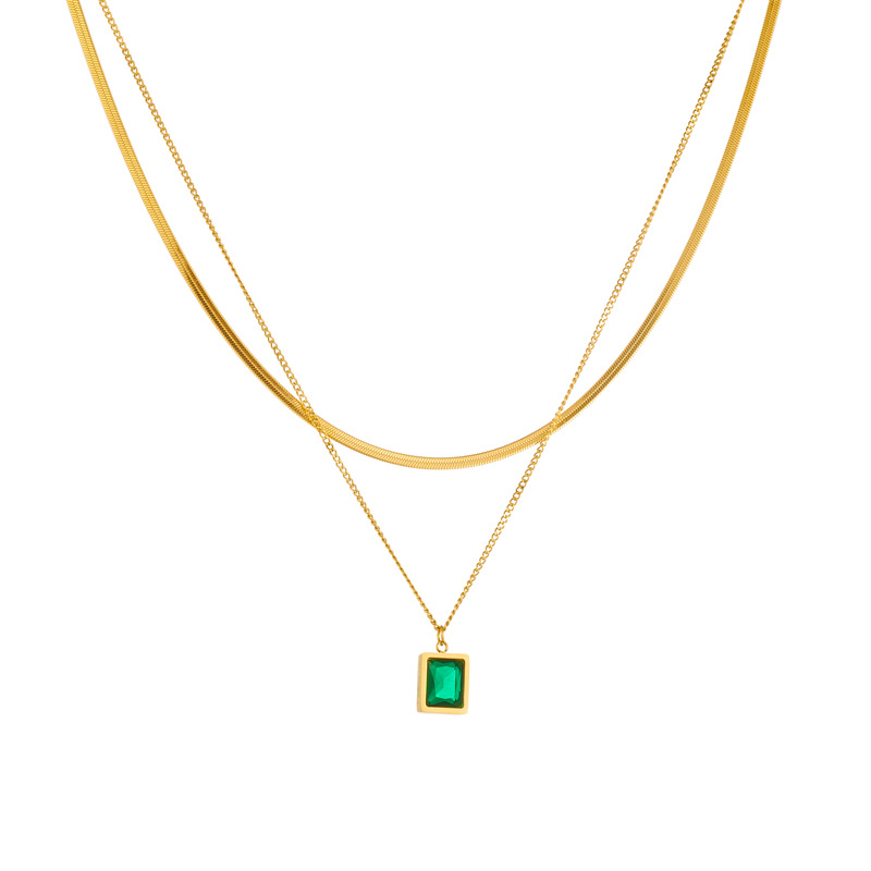 Fashionable, niche, light luxury, simple titanium steel emerald transparent square gemstone pendant collarbone chain, multi-layer versatile necklace Item Picture