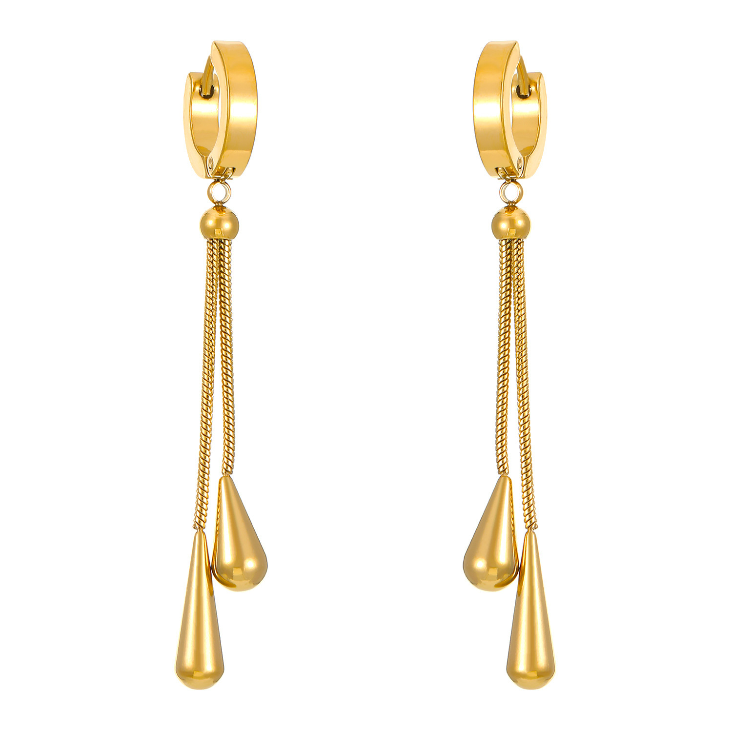 Cross-border grand, fashionable and simple style titanium steel water drop pendant necklace earrings two-piece set long pull-out high-end accessories Item Picture