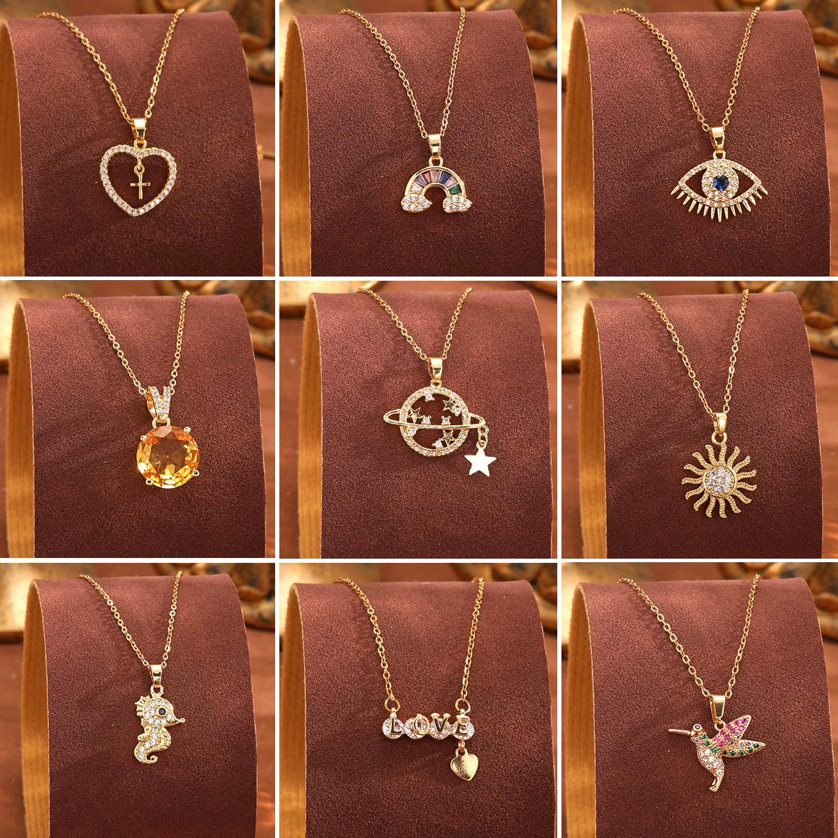 Wholesale of cross-border European and American golden copper micro-inlaid rhinestone zircon pendant necklaces for women with a light luxury and high-end style collarbone chain accessories full figure