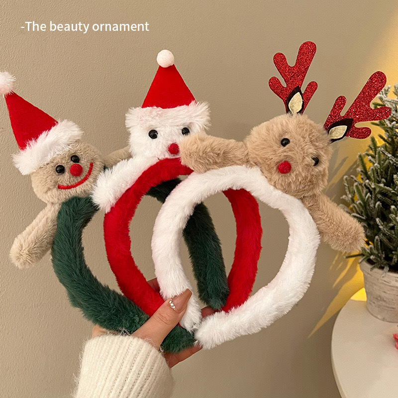 Cute plush reindeer hairband girl Christmas outfit high skull top antler headband gingerbread man autumn and winter face-washing hairpin full figure