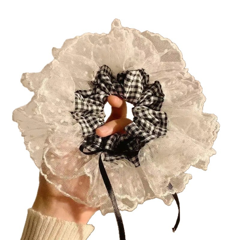 Lace polka dot lace, large intestine hair tie, high-end feminine look, checked low ponytail, bun, hair tie, hair flower, hair accessory Item Picture