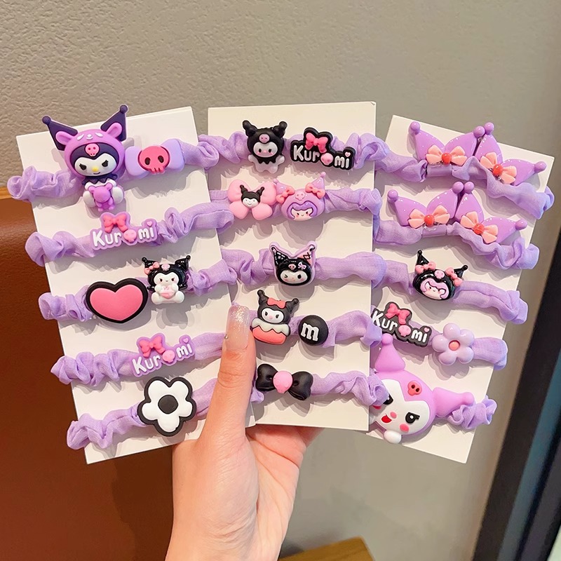 Children's Kuromi hair tie and hair band, girls' ponytail bun hair accessory that won't damage hair, Sanrio cartoon hair tie and hair accessory full figure
