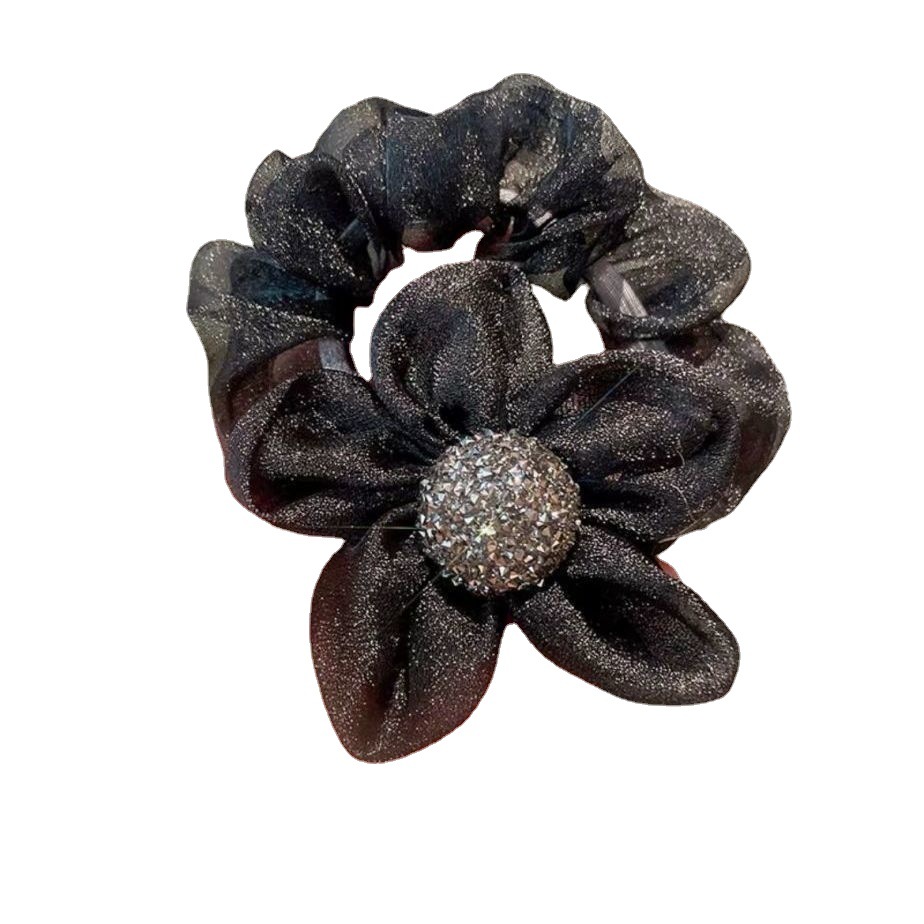 Two light luxury mesh fabric knotted hair accessories, shiny water diamonds, sun and flower hair bands, ponytail hair ties, and bun hairstyle Item Picture