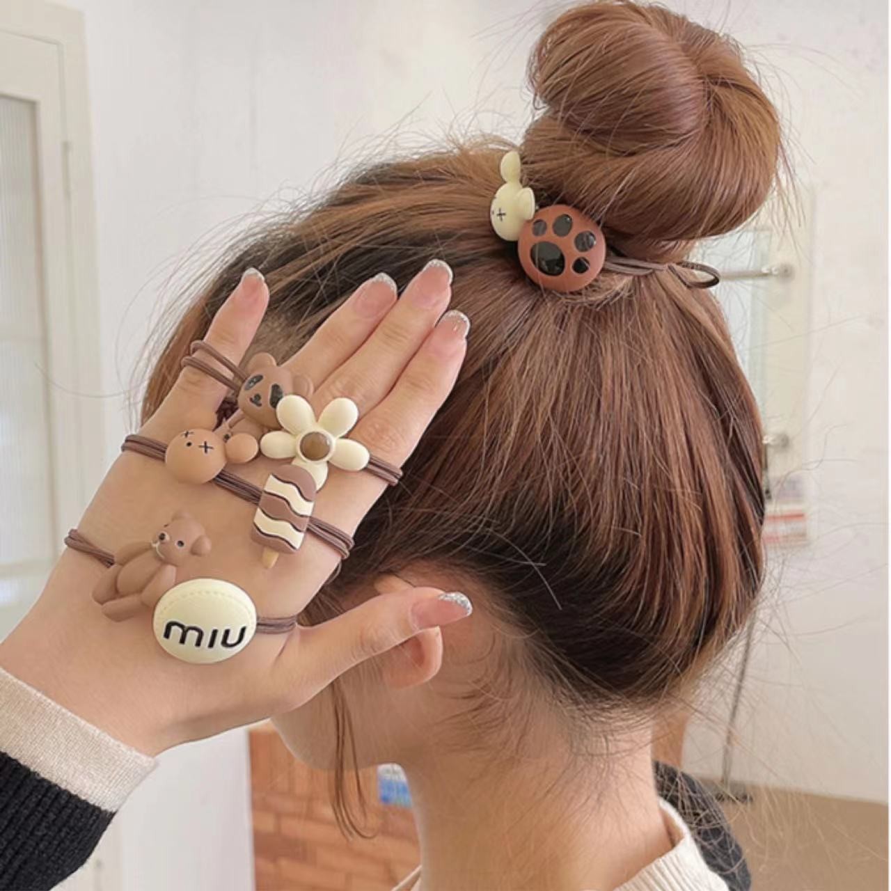 Milk coffee style 5-piece bear hair tie 2022 leather band women's hair tie appearance level hair band Bow hair tie hair band full figure