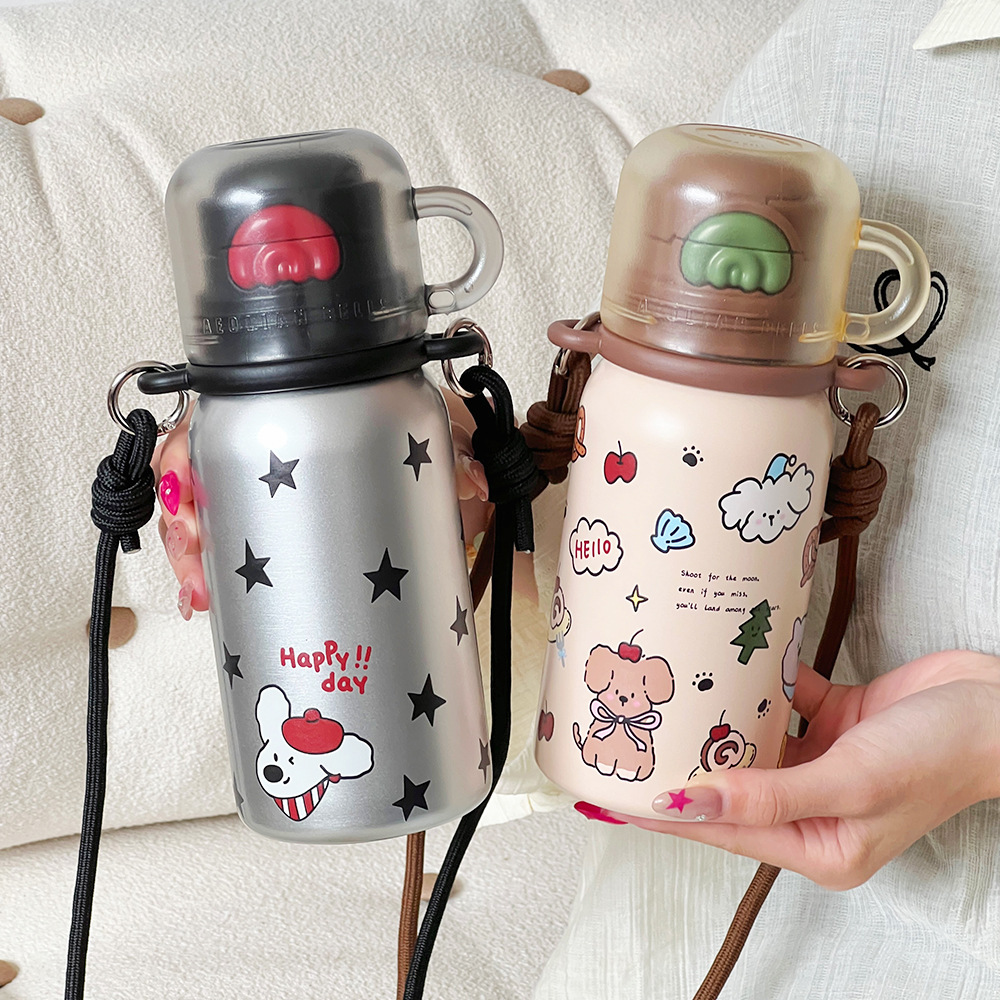 Cartoon three-drink insulated cup, 316 stainless steel vacuum straw water cup, outdoor portable double-layer student schoolbag cup full figure