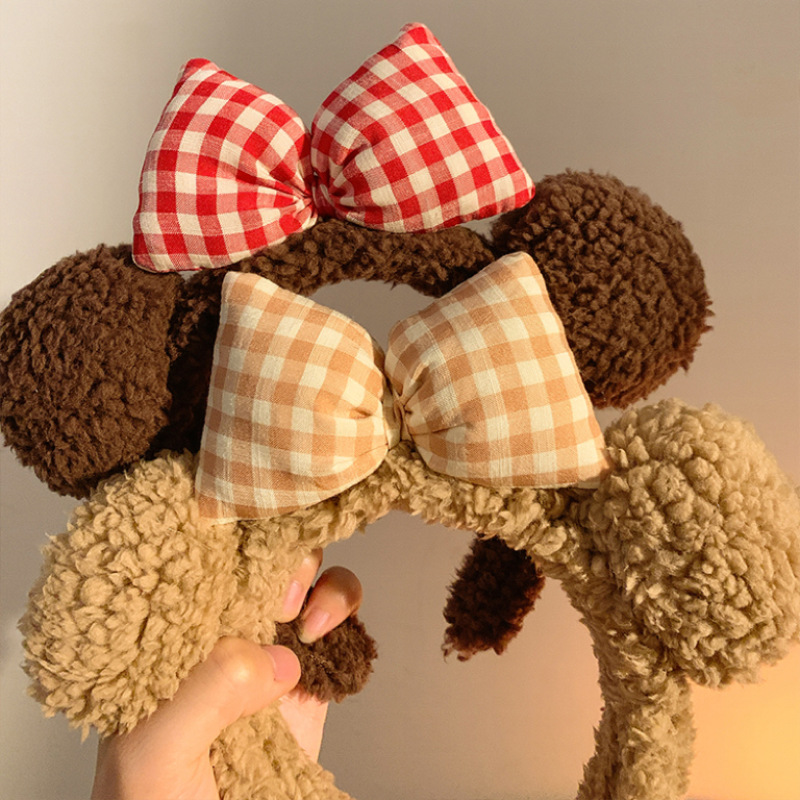 Cute checkered bow bear plush hair band for girls, cartoon facial wash hair pressing headband, anti-slip hair clip, hair tie headwear details Picture