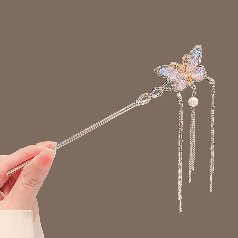 Super fairy butterfly pearl tassel hairpin, a unique feminine charm, a modern Chinese-style hair accessory with coiled hair on the back of the head Specification drawing
