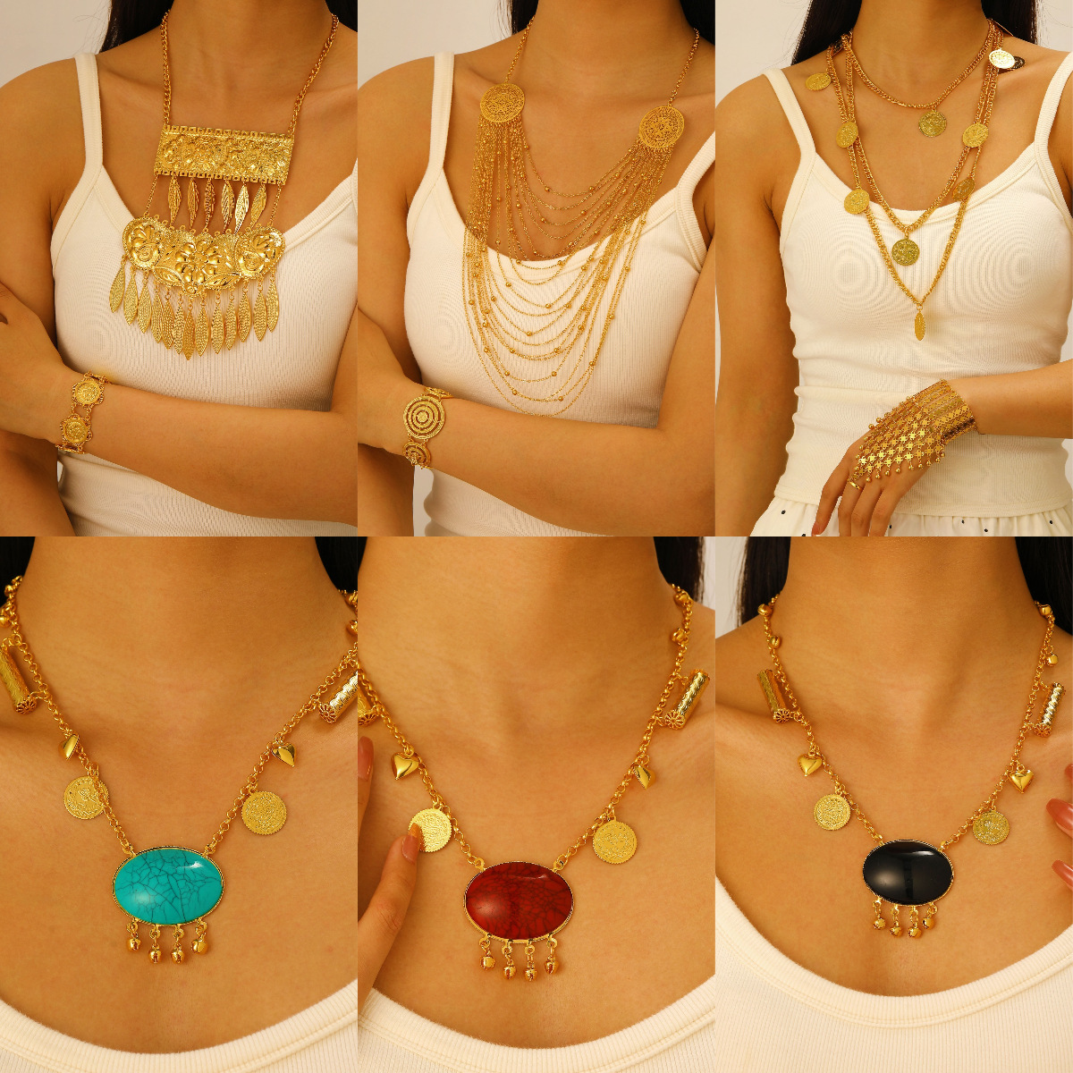 Cross-border retro Middle Eastern ethnic style stacked necklace, multi-layer heavy metal gold bracelet, back chain, waist chain and accessories full figure