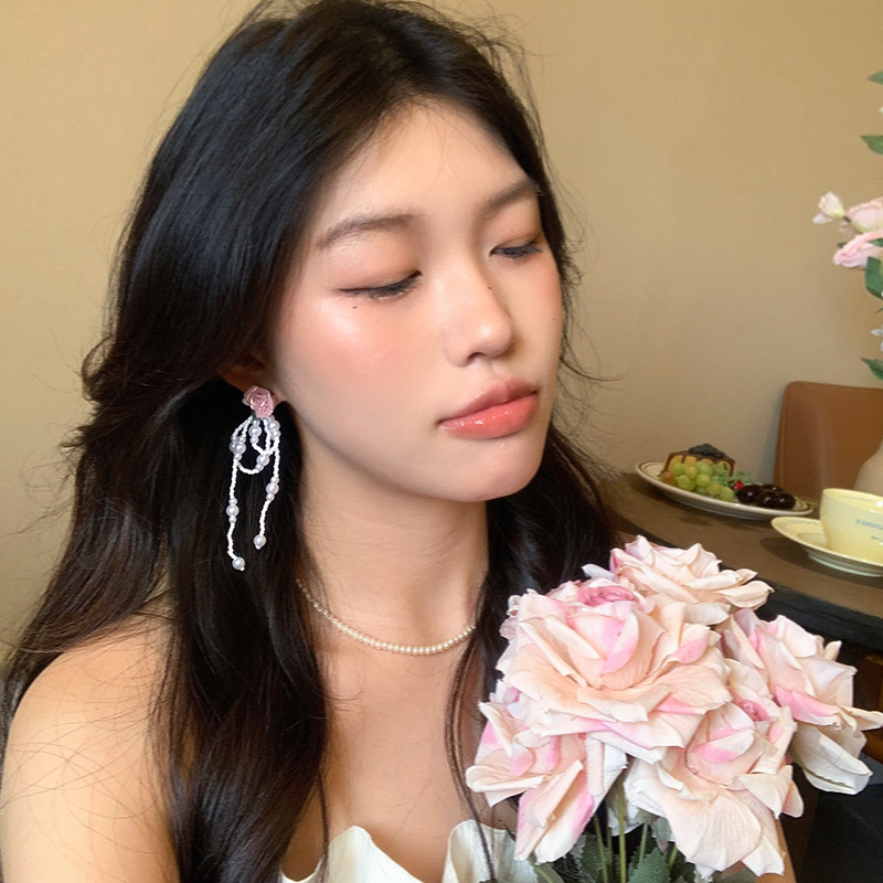 French pink rose pearl tassel earrings for women, new summer style 2025, gentle stud earrings, versatile long earrings Specification drawing