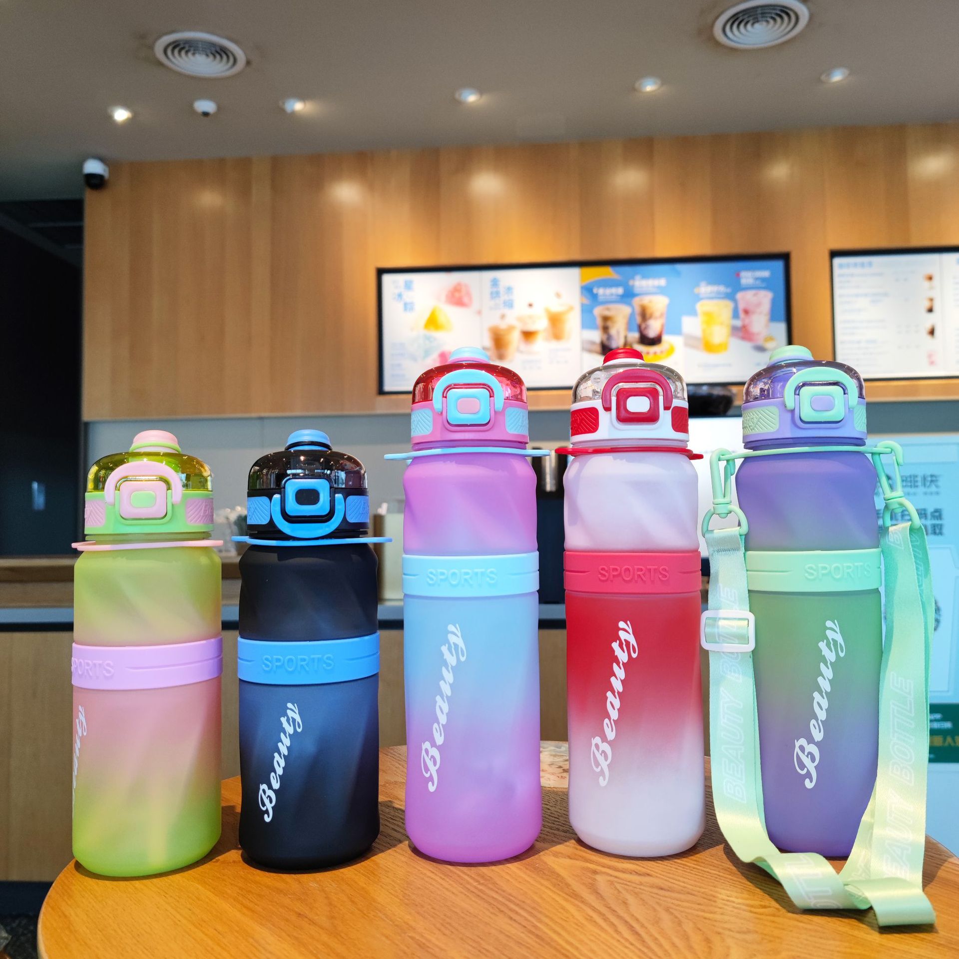 New high-appearance-level double-drinking straw cup, plastic straw water cup, portable backpack water bottle, student gradient color water bottle Specification drawing