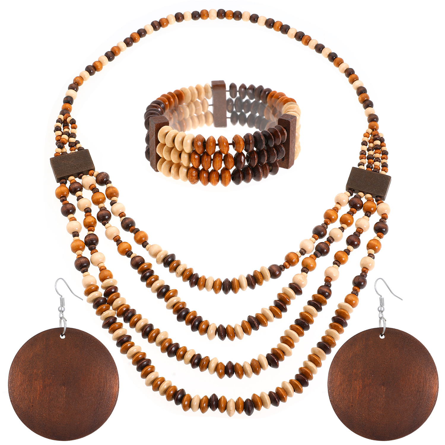Cross-border retro ethnic style wooden bead multi-layer beaded bracelet, earrings, necklace set, Bohemian long sweater chain Item Picture