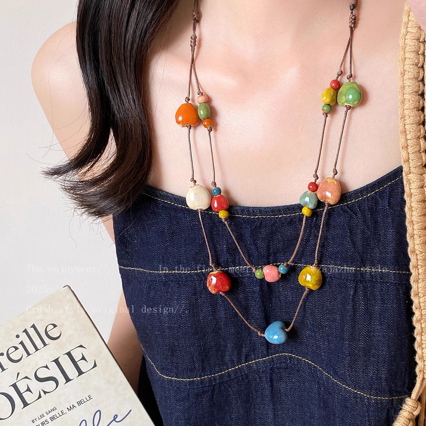 Rainbow Candy ~ Ceramic heart-shaped collarbone chain, women's summer dopamine double-layer layered necklace, simple and versatile accessory Specification drawing