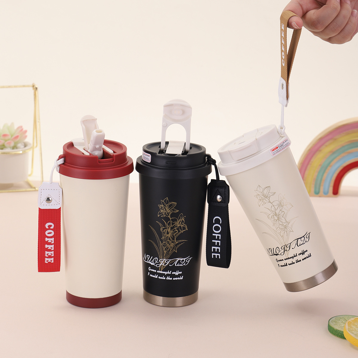 New 316 stainless steel insulated cup, high appearance level, Linghua portable double-drinking coffee cup, large-capacity straw cup details Picture