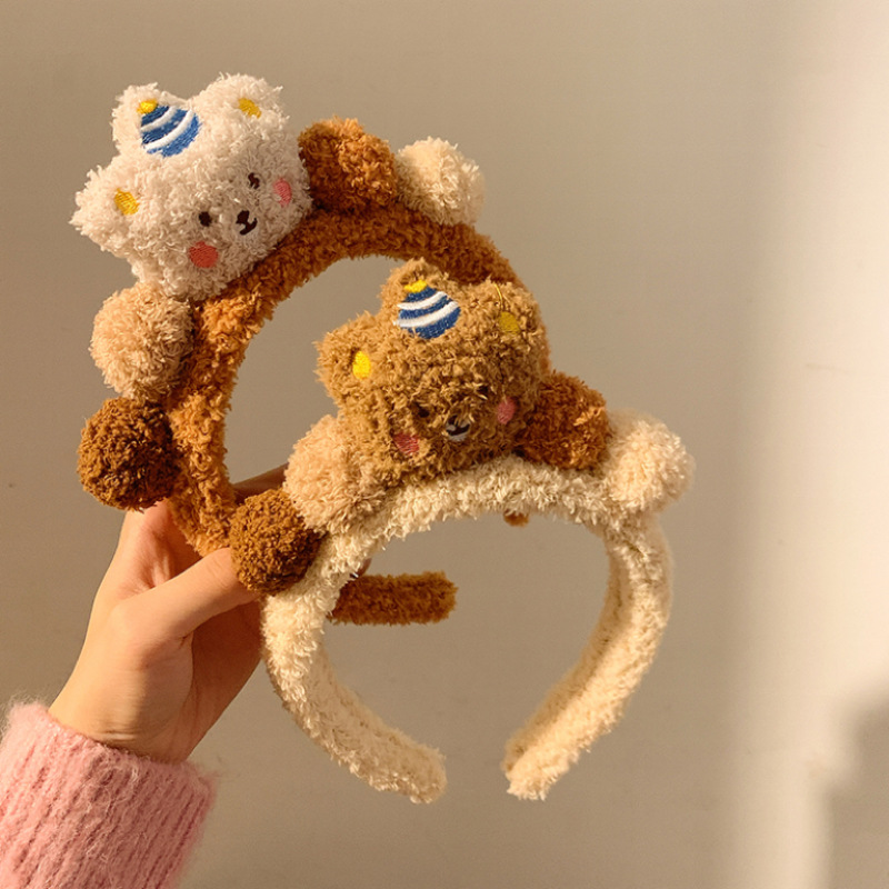 Cute little bear hair band, autumn and winter plush face-washing headband, super cute colorful cartoon headwear, versatile hair clips for girls taking photos Specification drawing